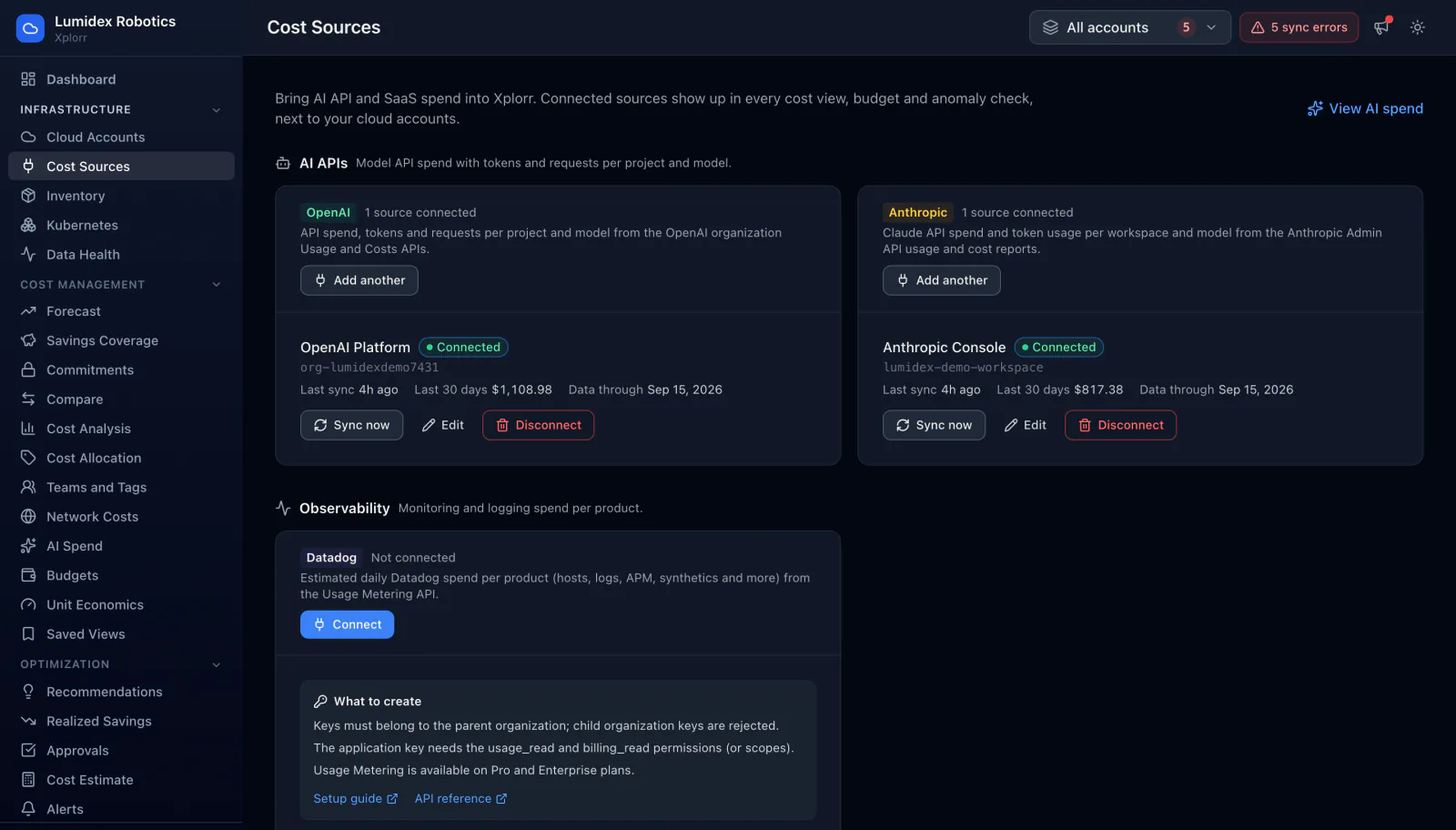 Xplorr Cost Sources page grouped into AI APIs and Observability, showing a connected OpenAI Platform source at $1,108.98 over the last 30 days and a connected Anthropic Console source at $817.38, each with its last sync time and the date its data runs through, plus a Datadog source not yet connected with its key and scope requirements.