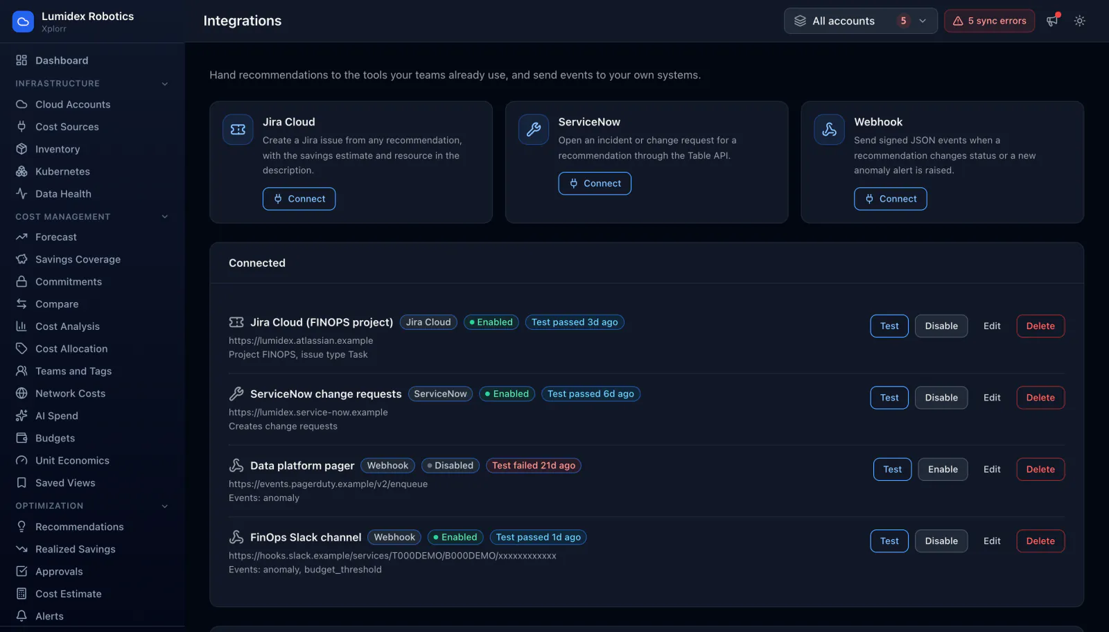 Xplorr Integrations page offering Jira Cloud, ServiceNow and webhook connectors, above a connected list showing a Jira Cloud FINOPS project and a ServiceNow change request integration both enabled with recent passing tests, a disabled pager webhook whose test failed 21 days ago, and an enabled Slack webhook subscribed to anomaly and budget threshold events.