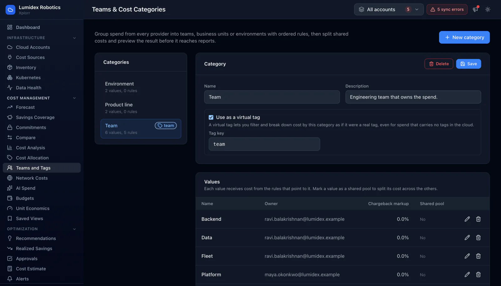 Xplorr cost category editor showing a values table with a name, owner, chargeback markup percentage and shared pool setting for each value, above an ordered rules section noting that rules run top to bottom and the first match wins.